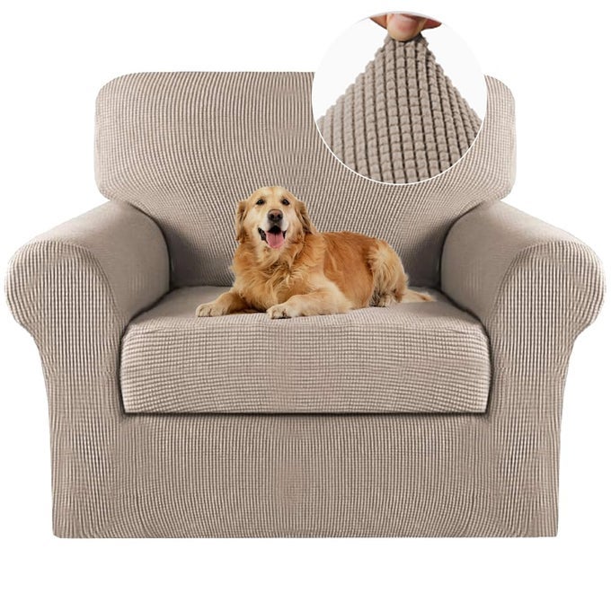 2 PIECE CHAIR COVERS CHAIR SLIPCOVERS FOR LIVING ROOM ARMCHAIR SOFA COVERS CHAIR COUCH COVER WITH ARMS WASHABLE FURNITURE PROTECTOR FOR CHAIRS FEATURE THICK JACQUARD FABRIC CHAIR SAND