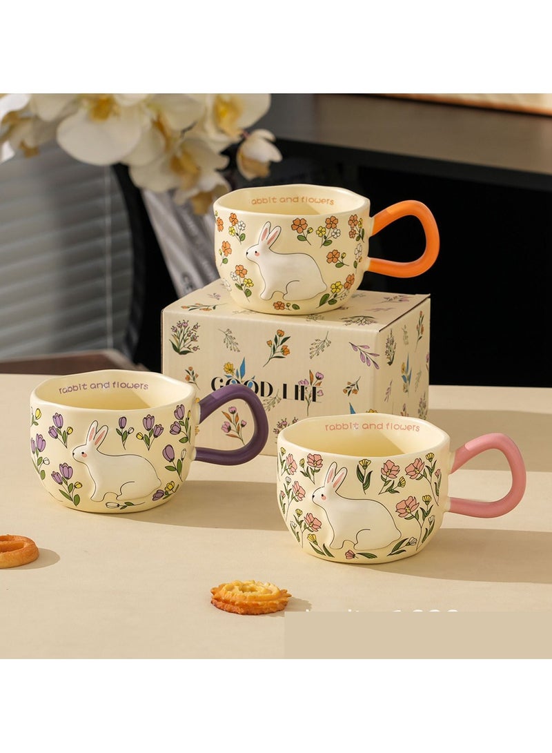 مج بورسلين أرنب وزهور برتقالي 360 مل تصميم شخصيات مقبض برتقالي جسم كريمي للقهوة والشاي - Image 3