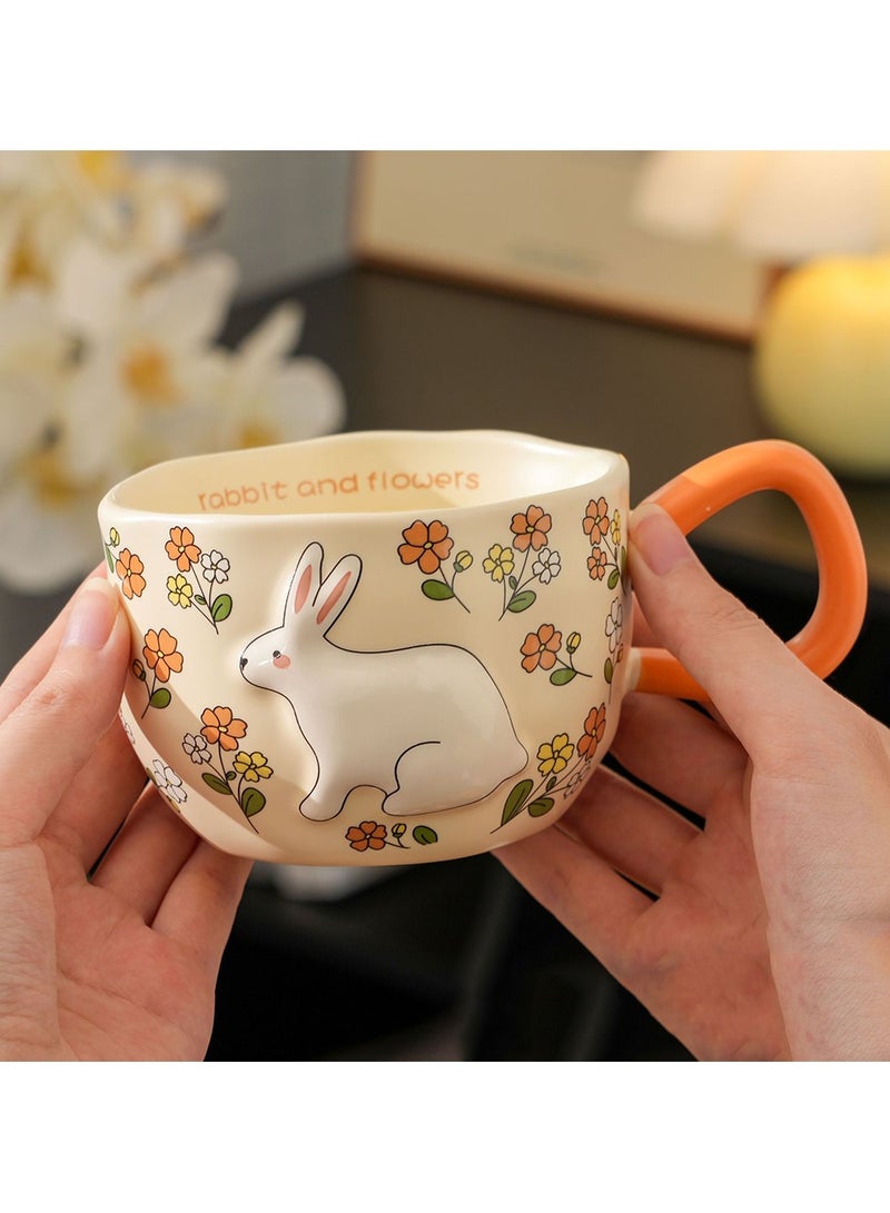 مج بورسلين أرنب وزهور برتقالي 360 مل تصميم شخصيات مقبض برتقالي جسم كريمي للقهوة والشاي - Image 4