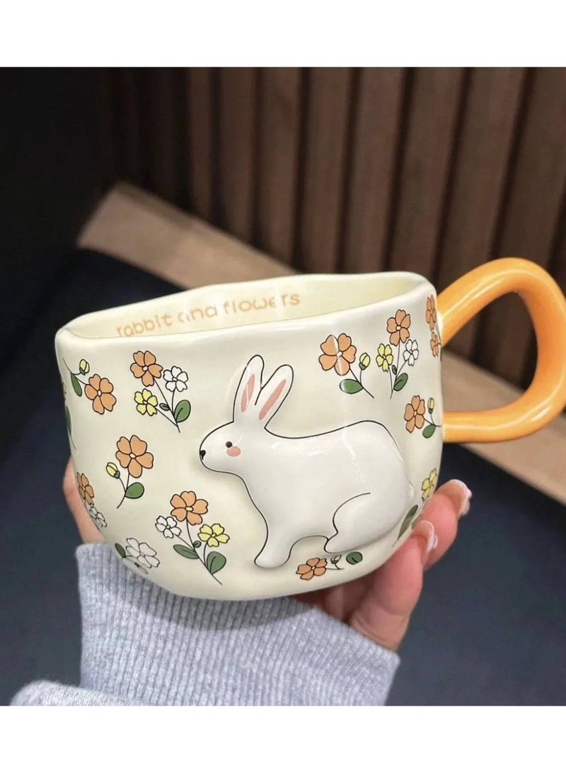 مج بورسلين أرنب وزهور برتقالي 360 مل تصميم شخصيات مقبض برتقالي جسم كريمي للقهوة والشاي - Image 2