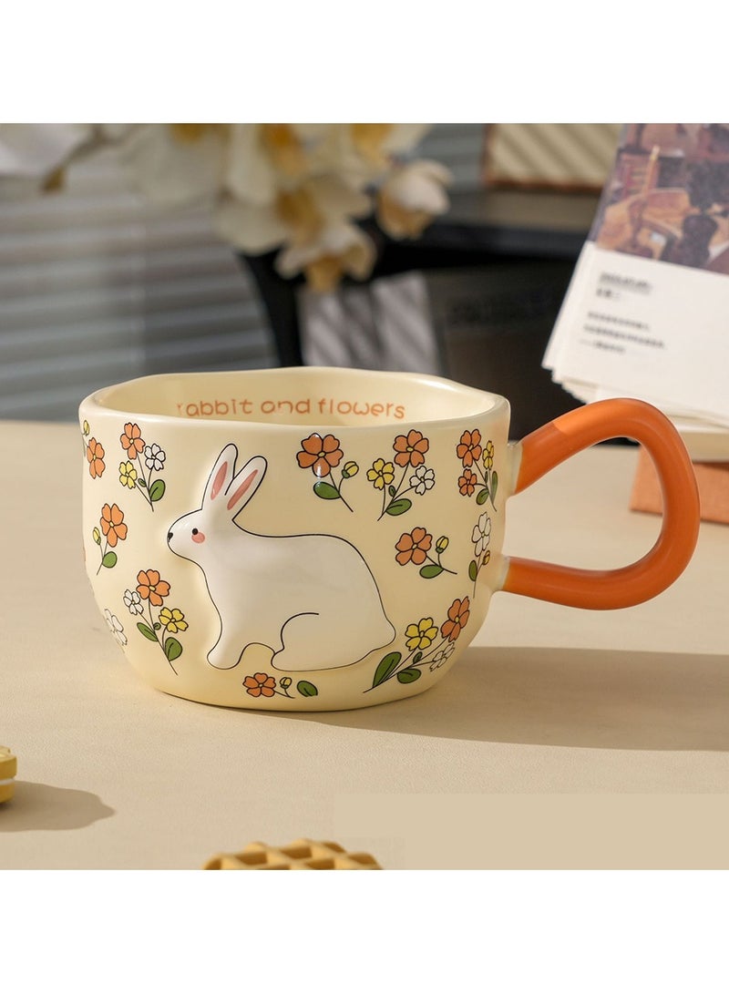 مج بورسلين أرنب وزهور برتقالي 360 مل تصميم شخصيات مقبض برتقالي جسم كريمي للقهوة والشاي - Image 5