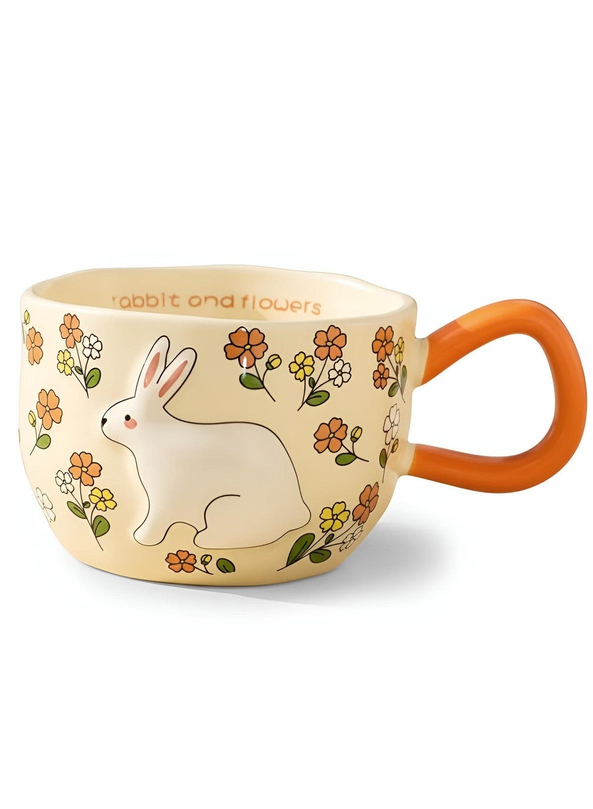 Porcelain Rabbit & Flowers Mug Orange 360ml Character Design Orange Handle Cream Body Coffee Tea Cup