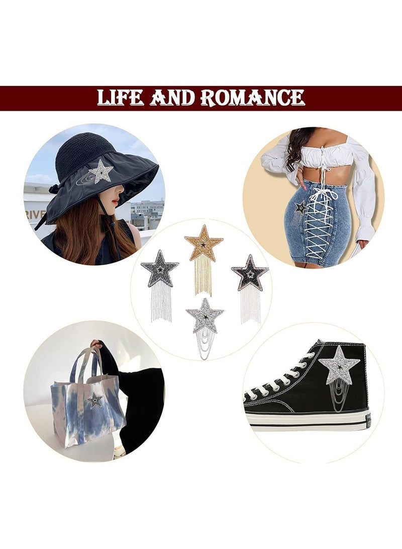 KASTWAVE Iron on Patches with Chains Tassel 4Pcs Five-Pointed Star Pattern Clothes Patches Iron on Fashion Appliques with Chains Tassel Badge DIY Repair Decorate Patch for Clothes Dress Jeans Hats Bags  - Image 4