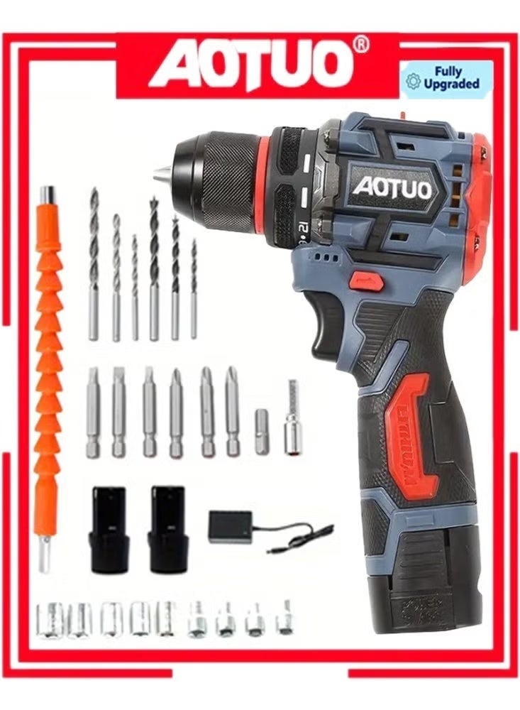 AOTUO This 18V cordless drill set includes two lithium-ion batteries and a fast charger, a 3/8-inch drill bit set, 25+3 torque settings, an LED work light, variable speed drill bits, 186 lbs torque, and a 28-piece tool set with a toolbox. The set includes a drill, two batteries, a charger, and an electric screwdriver/drill/screwdriver with 2 speed settings and 21 torque settings. A storage case is included. - Image 1