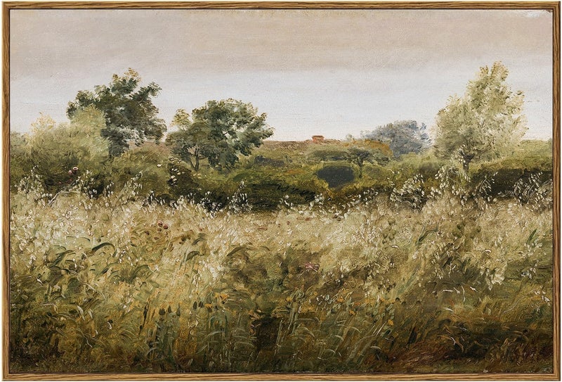 KBKBART Framed Canvas Wall Art, Vintage Meadow Landscape Wall Art Prints, Retro Country Wildflower Field Farmhouse Wall Decor Ready To Hang for Bedroom, Bathroom, Living Room, Kitchen, Vintage Room - Image 1