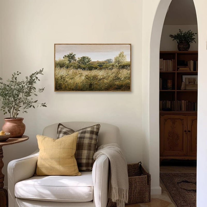 KBKBART Framed Canvas Wall Art, Vintage Meadow Landscape Wall Art Prints, Retro Country Wildflower Field Farmhouse Wall Decor Ready To Hang for Bedroom, Bathroom, Living Room, Kitchen, Vintage Room - Image 5