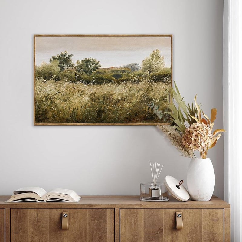 KBKBART Framed Canvas Wall Art, Vintage Meadow Landscape Wall Art Prints, Retro Country Wildflower Field Farmhouse Wall Decor Ready To Hang for Bedroom, Bathroom, Living Room, Kitchen, Vintage Room - Image 3
