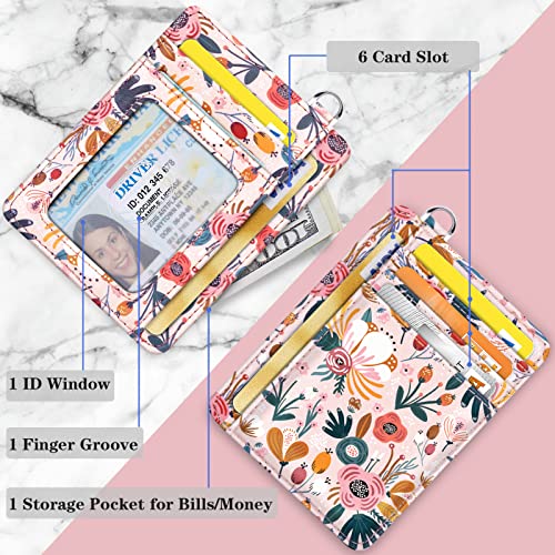 Coco Rossi Slim Front Pocket Wallet RFID ID Card Holder Cute Small Wallet with Keychian for Women, Pink Flowers - Image 3
