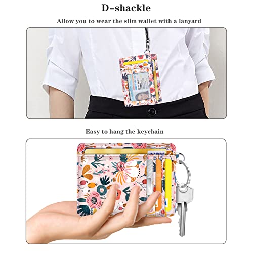 Coco Rossi Slim Front Pocket Wallet RFID ID Card Holder Cute Small Wallet with Keychian for Women, Pink Flowers - Image 4