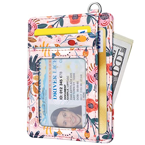 Coco Rossi Slim Front Pocket Wallet RFID ID Card Holder Cute Small Wallet with Keychian for Women, Pink Flowers - Image 2