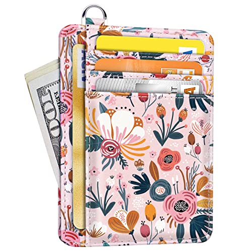 Coco Rossi Slim Front Pocket Wallet RFID ID Card Holder Cute Small Wallet with Keychian for Women, Pink Flowers - Image 1
