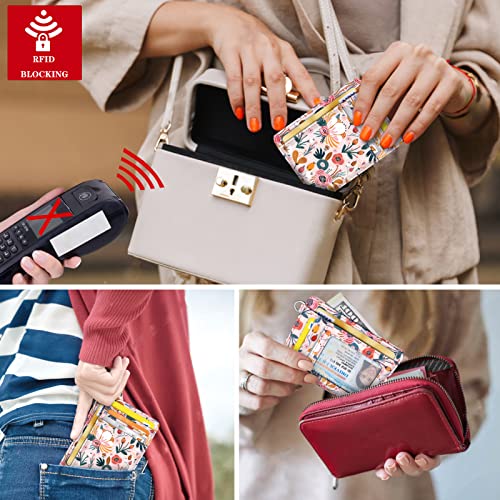 Coco Rossi Slim Front Pocket Wallet RFID ID Card Holder Cute Small Wallet with Keychian for Women, Pink Flowers - Image 5