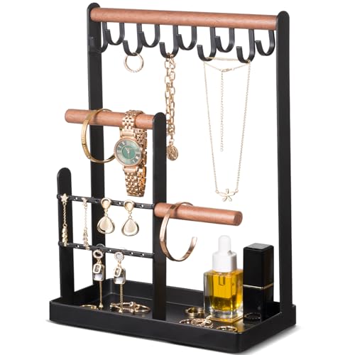 ProCase Jewelry Stand Holder Organizer, 4-Tier Necklace Holder with Ring Tray, 10 Hooks Necklaces Hanging Small Jewelry Display Storage Tower Tree for Bracelets Earrings Watches -Medium, Black - Image 1