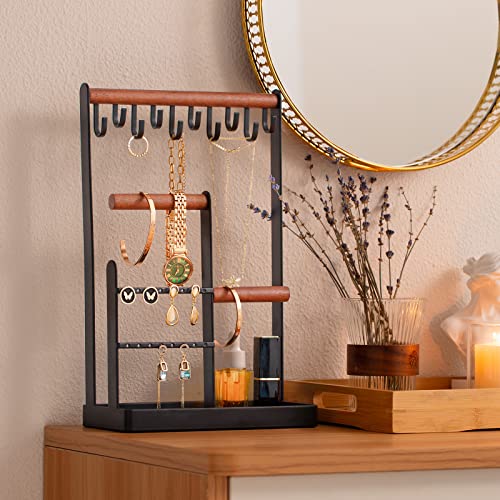 ProCase Jewelry Stand Holder Organizer, 4-Tier Necklace Holder with Ring Tray, 10 Hooks Necklaces Hanging Small Jewelry Display Storage Tower Tree for Bracelets Earrings Watches -Medium, Black - Image 2