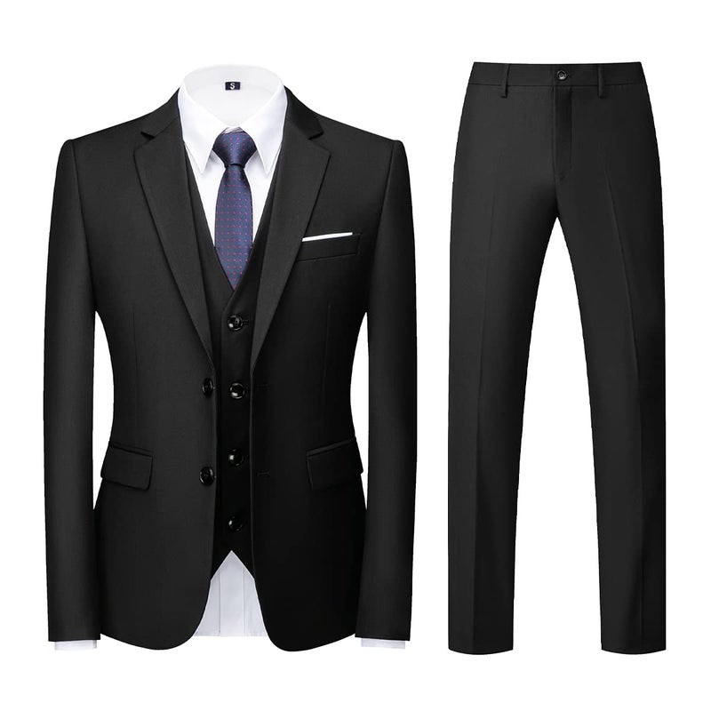 Mens 3 Piece Formal Suits Slim Fit Casual Tuxedo Suit Blazer Two Button Wedding Prom Jackets VestTrousers Black