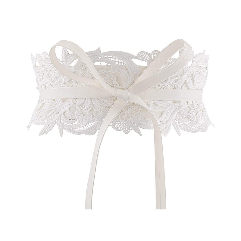 Ayliss Ayliss Women's Lace Waist Belt Obi Bowknot Cinch Wide Belt Bow Tie Wrap Boho Corset Dress Waist Band Pu Leather (White)  - Image 1
