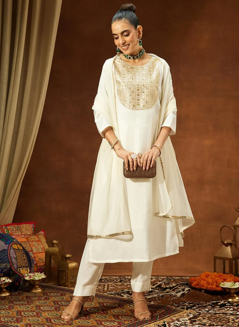ZERESOUQ White Silk Blend Yoke Embroidery 3-Piece Kurta Set