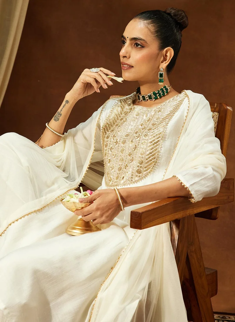 White Silk Blend Yoke Embroidery 3-Piece Kurta Set