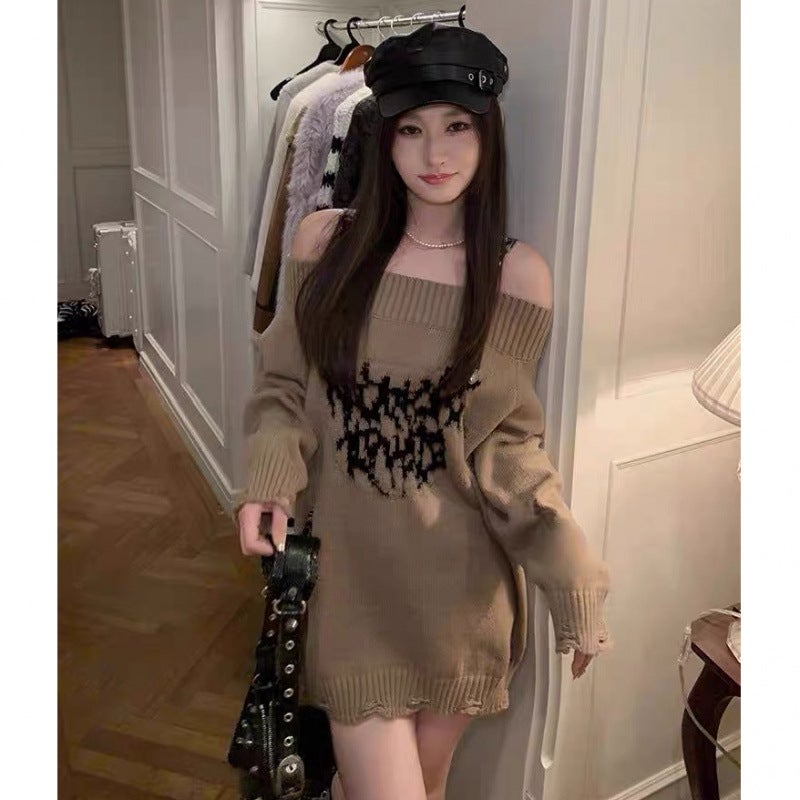 South Korea Dongdaemun Design Sense Belt Shoulder Ripped Sweater Hot Girls Hip-Hop Loose Soft Waxy Knitted Top Camel - Image 3