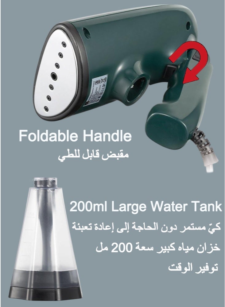 GREBON Portable Garment Steamer, Compact Handheld Steamer iron 1500 W, Foldable Steam Iron with Strong Penetrating, 10s Fast Heat-up, Wrinkle Remover, 200 ml YS-20081 Green - Image 4