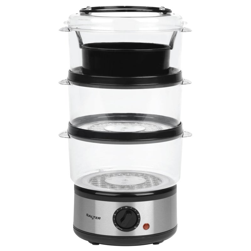 Salter 3 Tier Electric Food Steamer  75L Stackable Steaming Baskets Dishwasher Safe BPA Free Includes Rice Bowl 60 Minute Timer Compact Storage Healthy Cooking Vegetables  Fish 500W EK2726