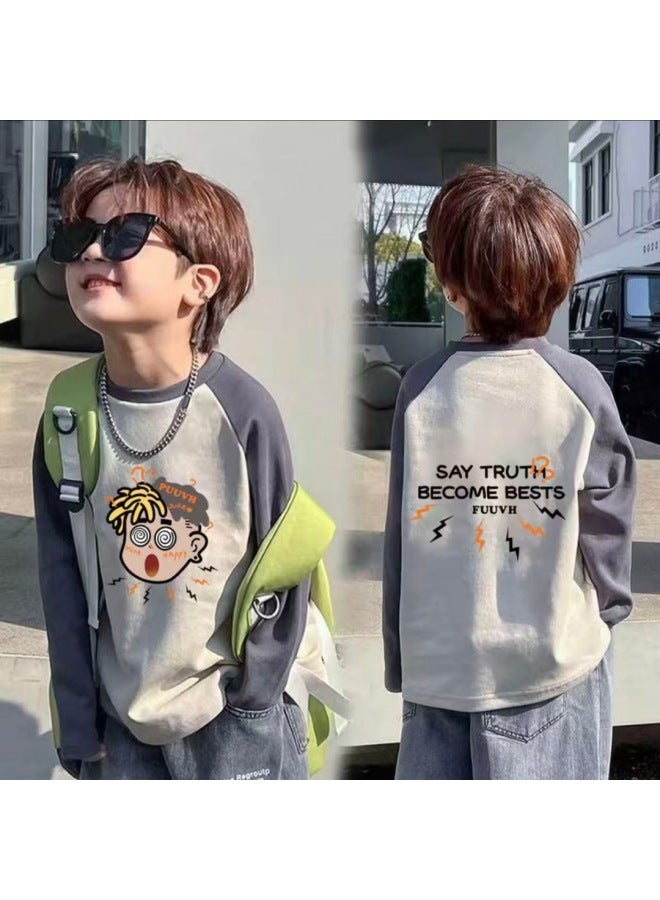Cotton Boys' Raglan Sleeve Long Sleeve Tspring & Fall New Style Medium And Large Children's Splicing Contrasting Color Round Neck Bottoming Shirt - Image 3