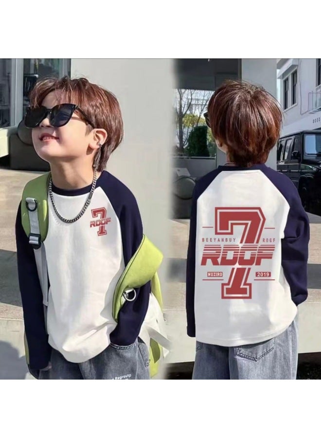 Cotton Boys' Raglan Sleeve Long Sleeve Tspring & Fall New Style Medium And Large Children's Splicing Contrasting Color Round Neck Bottoming Shirt - Image 4