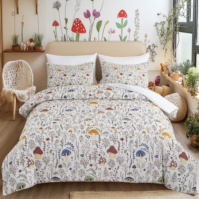 MUSHROOM COMFORTER SET FOR WOMEN 3 PIECE COLORFUL MUSHROOM DECOR TWIN BEDDING WITH PLANTS AND FLOWERS AESTHETIC CUTE ROOM DECOR CREAM COMFORTER FOR KIDS ADULTS BOYS GIRLS