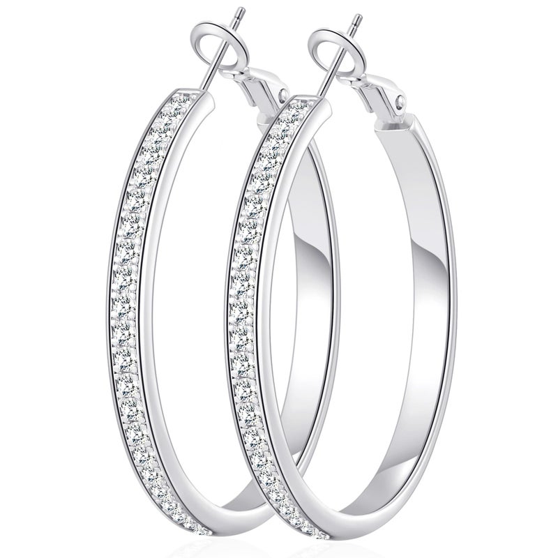 OOOPEL Large Rhinestone Hoop Earrings for Women Shiny Crystal Big Silver Hoops Non Tarnish Sparkly Cubic Zirconia Earring Hoops Hypoallergenic Chunky Large CZ 925 Silver Hoop Earrings - Image 1