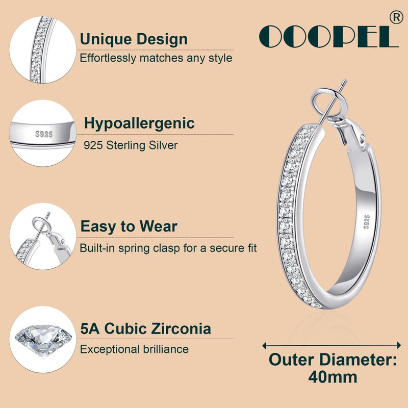 OOOPEL Large Rhinestone Hoop Earrings for Women Shiny Crystal Big Silver Hoops Non Tarnish Sparkly Cubic Zirconia Earring Hoops Hypoallergenic Chunky Large CZ 925 Silver Hoop Earrings - Image 4
