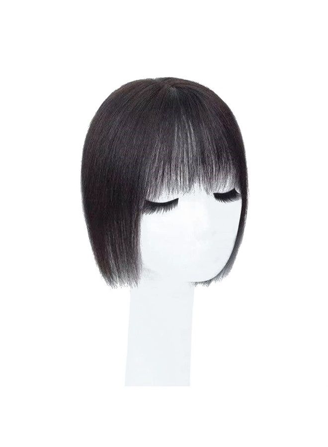 LesafeV Middle Part Silk Part Base Human Hair Topper 7x10cm Forehead Straight Clip in Hairpiece with Wispy Fringe 20cm Off Black - Image 1