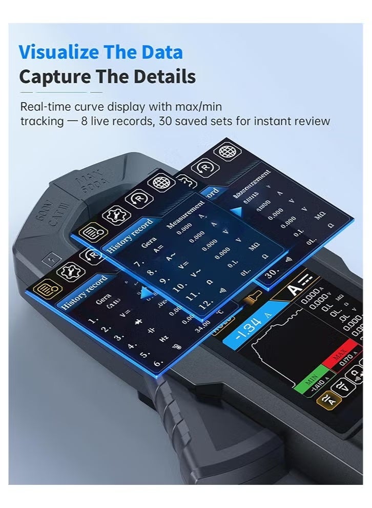 فنيرسي FNIRSI DMC-100 Clamp Meter MultiMeter 9999 Counts TRMS ، 600A منحنى تسجيل AMP قابلة لإعادة الشحن ، والتدابير NCV ، تيار الجهد الجهد الجهد AC/DC ، مقاومة الصمام الثنائي للسعة الاستمرارية ، درجة الحرارة - Image 3