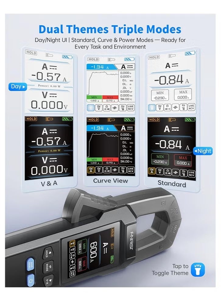 فنيرسي FNIRSI DMC-100 Clamp Meter MultiMeter 9999 Counts TRMS ، 600A منحنى تسجيل AMP قابلة لإعادة الشحن ، والتدابير NCV ، تيار الجهد الجهد الجهد AC/DC ، مقاومة الصمام الثنائي للسعة الاستمرارية ، درجة الحرارة - Image 4