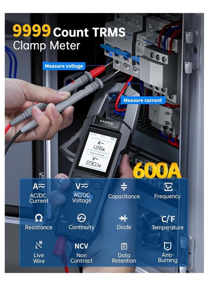 فنيرسي FNIRSI DMC-100 Clamp Meter MultiMeter 9999 Counts TRMS ، 600A منحنى تسجيل AMP قابلة لإعادة الشحن ، والتدابير NCV ، تيار الجهد الجهد الجهد AC/DC ، مقاومة الصمام الثنائي للسعة الاستمرارية ، درجة الحرارة - Image 5
