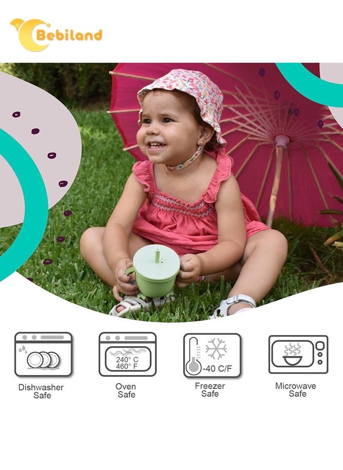 Bebiland - Silicone Baby Training Cup with Handle Cover and Straw, Unbreakable, Spill-Proof and Non-slip Handle Toddler Straw Cup with Level Indicator, Ideal for Toddlers and Infant (Green) - Image 1