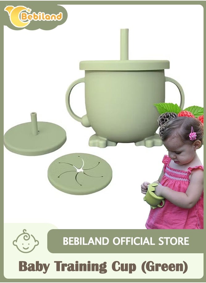 Bebiland Silicone Baby Training Cup with Handle Cover and Straw, Unbreakable, Spill-Proof and Non-slip Handle Toddler Straw Cup with Level Indicator, Ideal for Toddlers and Infant (Green)  - Image 1