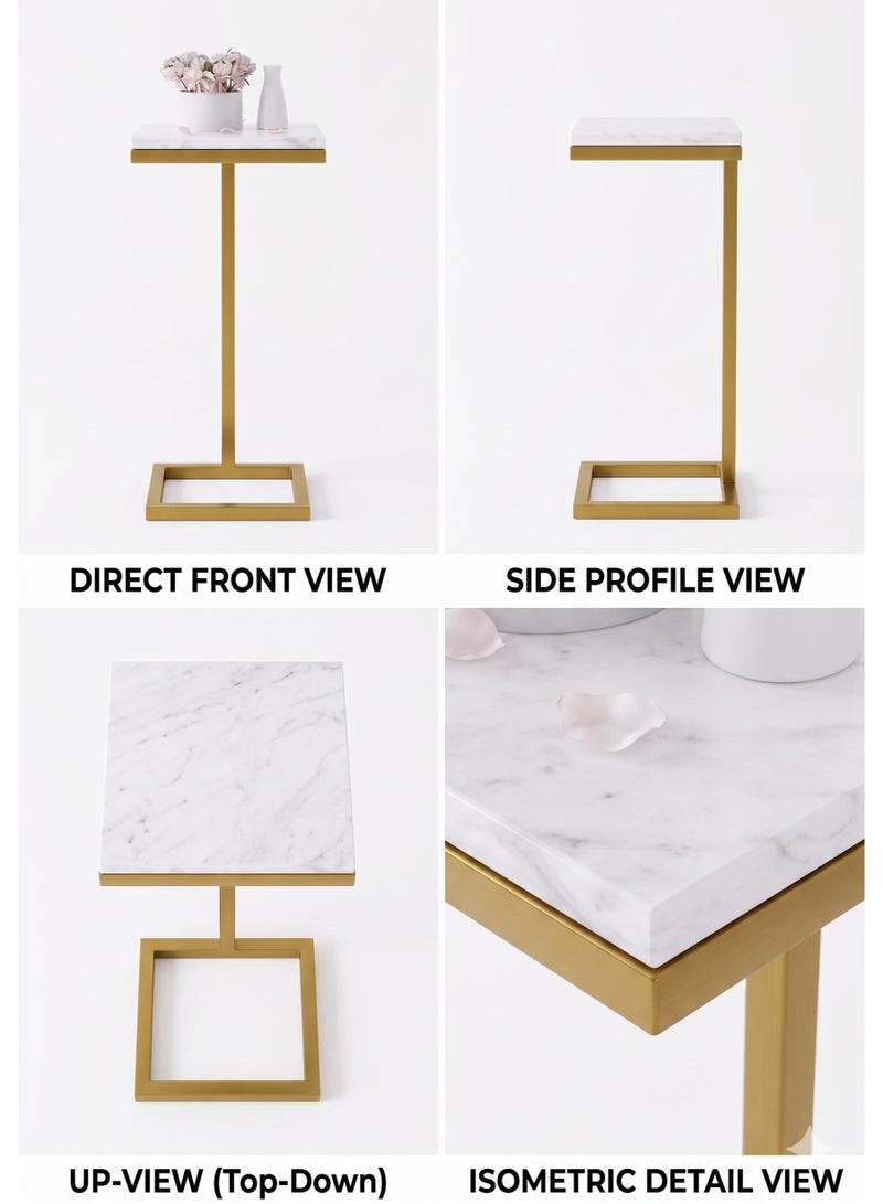 Mobellya Modern Minimalist Side Table with Gold Frame and  Marble Top - Sleek and Versatile C-Shaped Design - Image 3