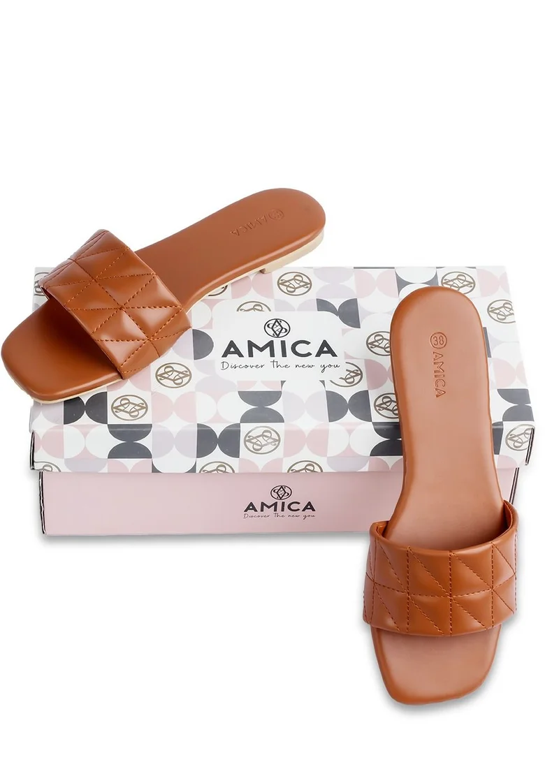 AMICA Donna Women's Flat Leather Sandals with Quilted Design