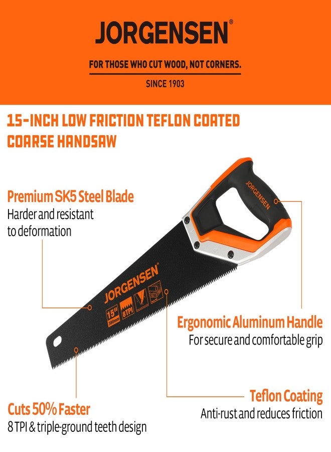 JORGENSEN 15” Hand Saw, Black Coated Coarse Handsaw 8TPI for Wood Cutting, Ergonomic Non-Slip Aluminum Handle for Sawing, Trimming, Gardening, Pruning, PVC - Image 2