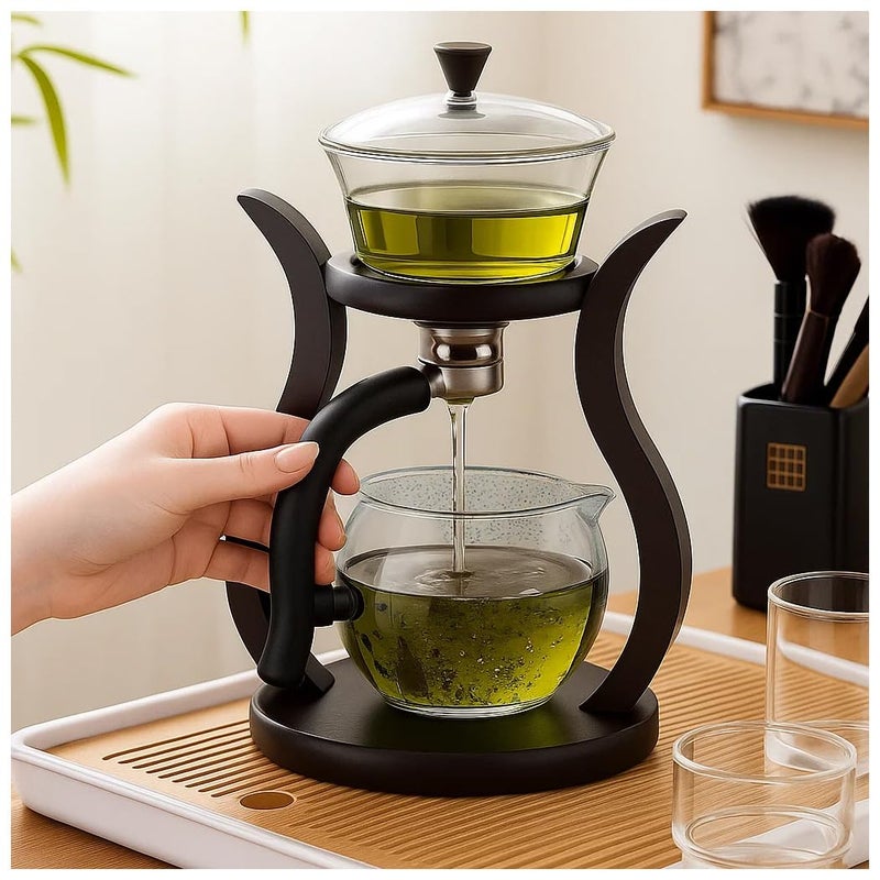 Lazy Kungfu Drip TeaPot Heat Resistant Tea Set SemiAutomatic Glass Teapot Suit for Magnetic Water Flow Wooden Glass Teapot Set
