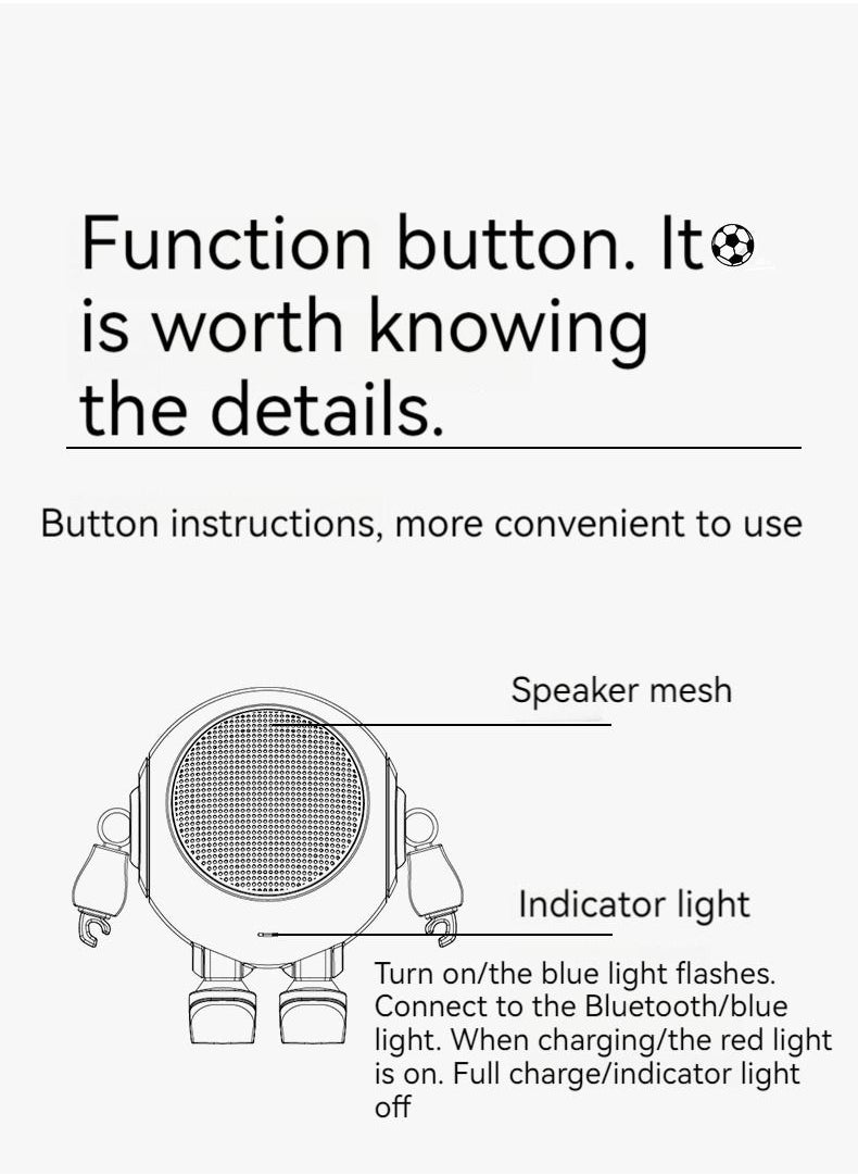 M MIAOYAN New Robot Bluetooth Audio Soccer Robot Audio Cute Portable Small Steel Cannon TWS Bluetooth Audio Wireless Mini (Black)