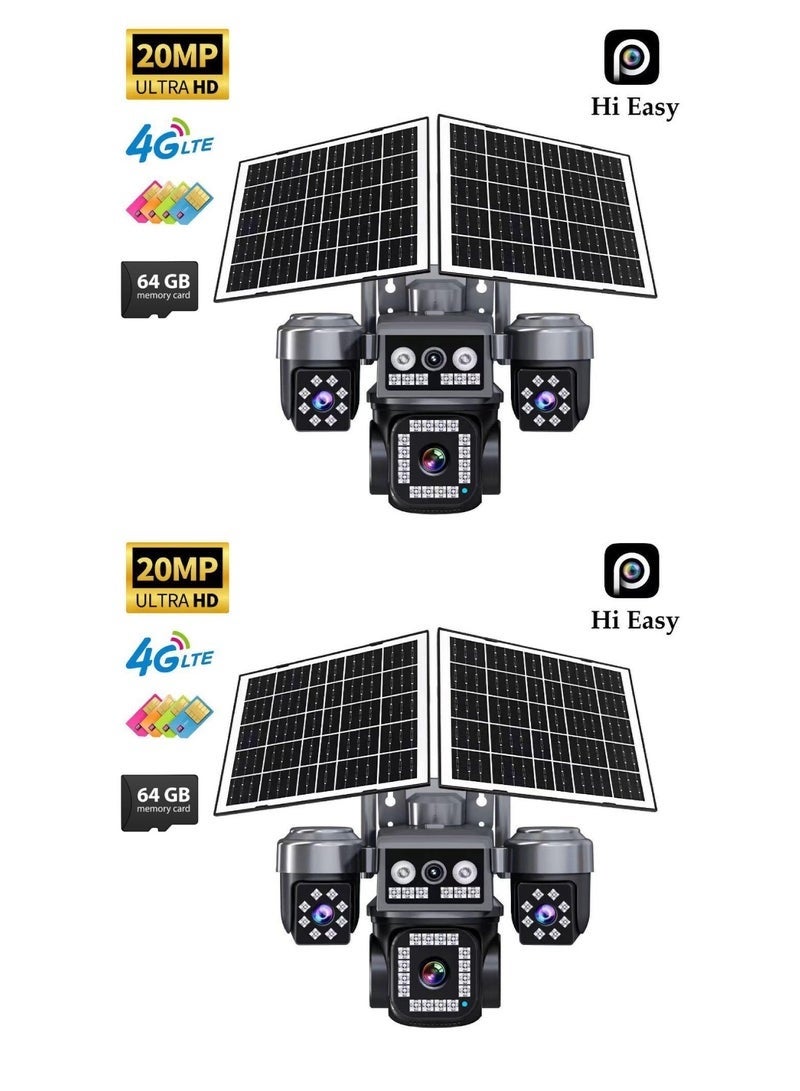 ELTRAZONE 2 Pcs 20MP 8K Ultra HD 4G Solar Security Camera, 360° 4-Lens Outdoor LTE CCTV System with AI Human Detection, PIR Motion Sensor, Full-Color Night Vision, 2-Way Audio, Waterproof PTZ, 64GB SD Card Included - Image 1