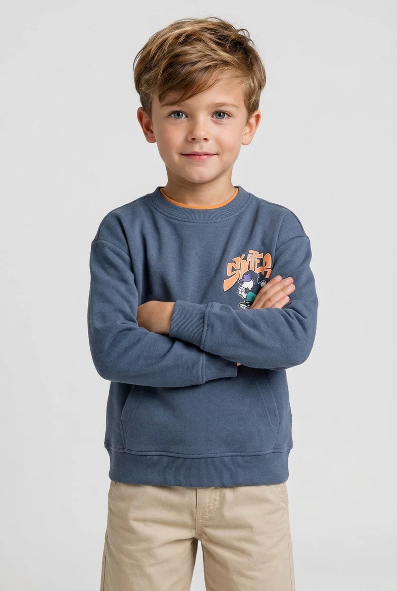 او في اس OVS Grey Oversized Pure Cotton Hoodie With Print And Kangaroo Pocket For Boys