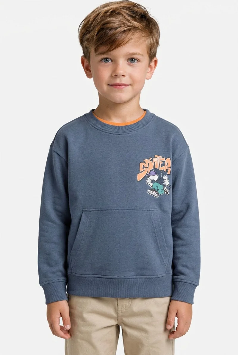 او في اس OVS Grey Oversized Pure Cotton Hoodie With Print And Kangaroo Pocket For Boys