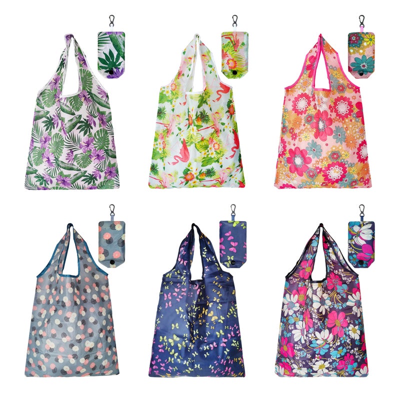 HIQU and HIST 6 Pcs Reusable Shopping Bags Foldable Grocery Bags in Pocket Ecofriendly Travel Recycle Shopping BagsWaterproof and Machine Washable for Daily Shopping Supplies load