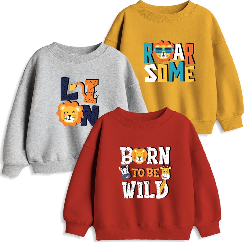 minicult Unisex-Child Cotton Blend Full Sleeves Crew Neck Regular Sweatshirt with Fun Prints(Lion)(Pack of 3)(5-6 Years), Assorted - Image 1