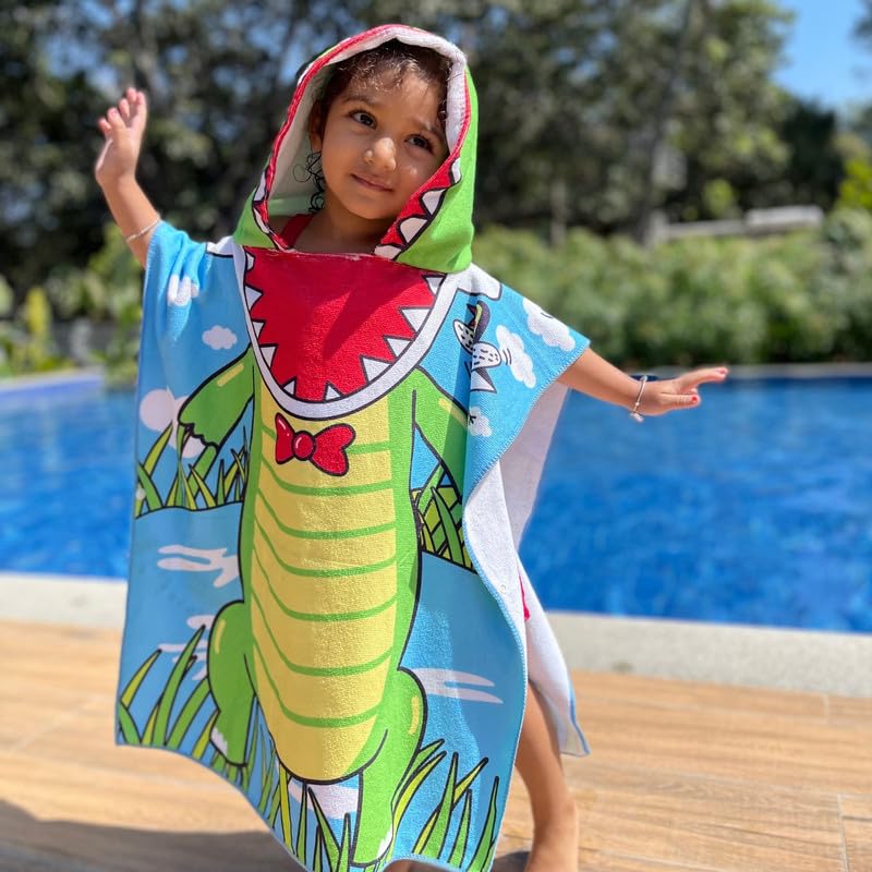 Famyo Crocodile Poncho Towel for Kids | Hooded Bath Towels | 60 x 60cm Toddler Pool Towel for Boys & Girls, 1-7 Years | Cute & Cozy Bathrobe Alternative - Image 1