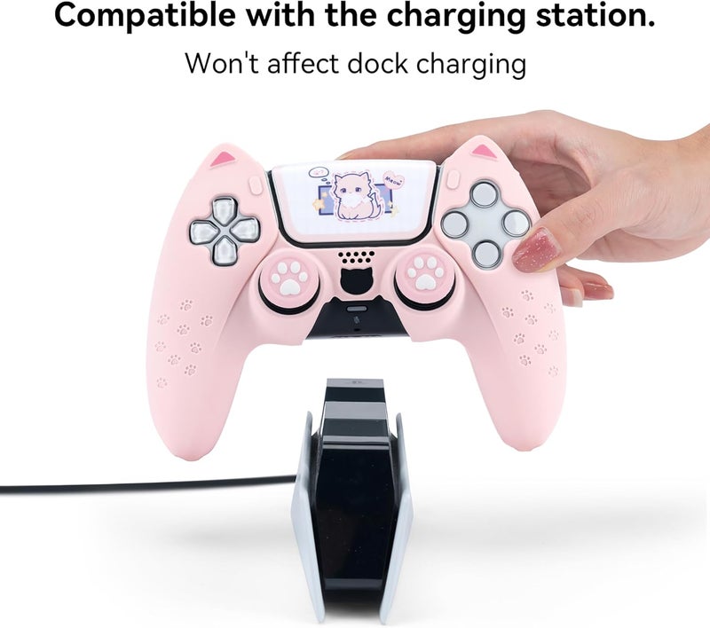 GeekShare مجموعة غطاء وحدة تحكم PS5 من ، غطاء حماية من السيليكون مانع للانزلاق لوحدة تحكم PS5 اللاسلكية مع غطائي قبضة إبهام وملصقين (مخلب قطط وردي) - Image 2