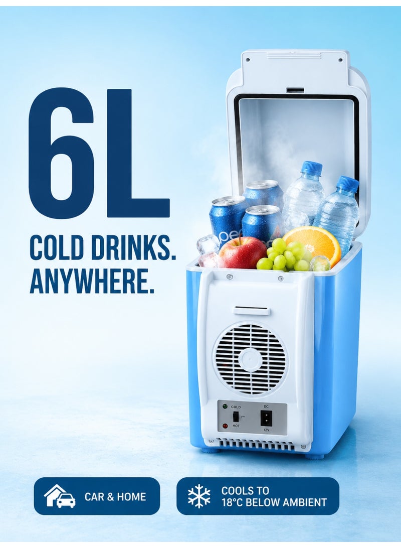 Portable car fridge, 12V DC mini fridge, 6-litre portable cool box, compact car freezer, cool blue, ideal for travel, camping and road trips. Keeps skincare products, fruit, drinks and food fresh; dual-function cooling and heating - Image 1