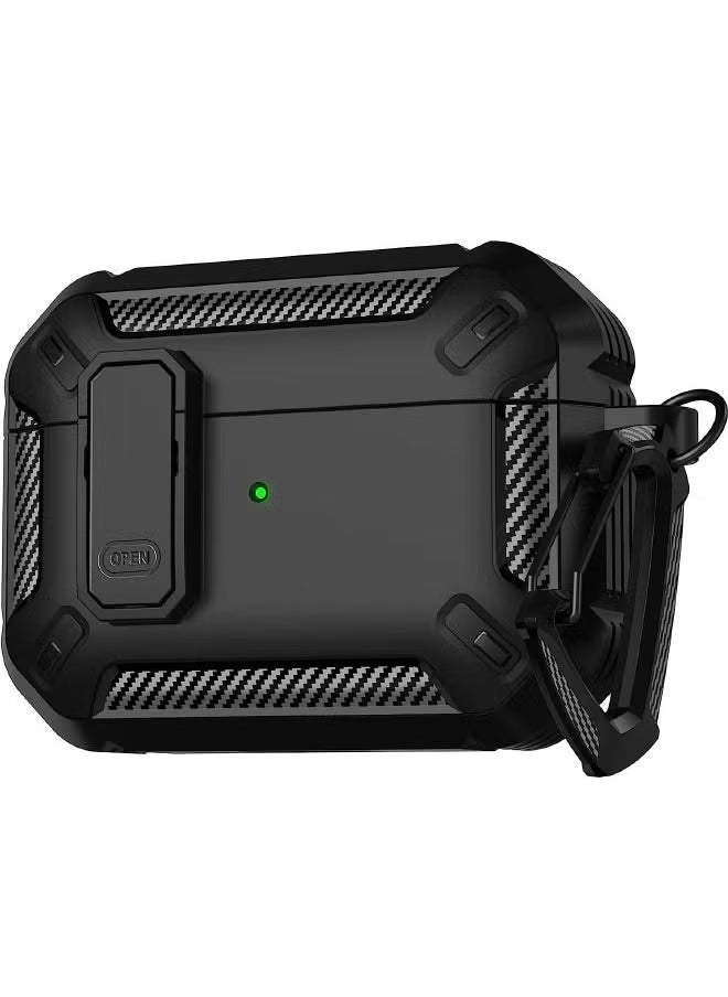 Generic - Airpods 3 Case Cover 2024, Airpods 3 Protective Case with Lock, Mecha Hard Shell Rugged Shockproof Cover with Keychain Compatible with Apple Airpods 3 2024 (Black) - Image 1